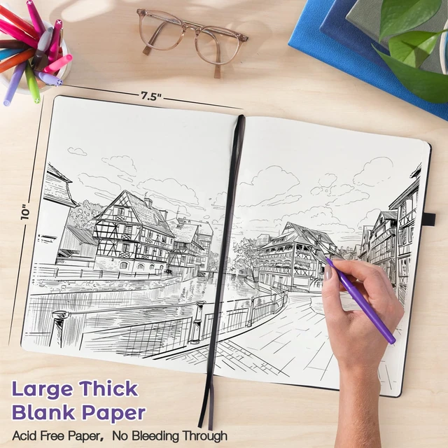Alt view image 2 of 6 - Blank Notebook Hardcover Sketchbook, 8.5" x 11" Blank Journal, Thick Paper Large Thick Paper Sketchbook for Drawing Art, Unlined Notebook Journal for Women Men, A4 Leather Sketchbook, Lay Flat, Purple