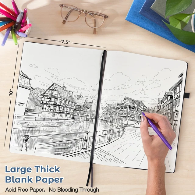 Alt view image 2 of 6 - Blank Notebook Hardcover Sketch Book, 8.5 x 11 Blank Journal No Bleed Paper Large Thick Paper Sketch Book for Drawing Art, Unlined Notebook Journal for Women Men, A4 Leather Sketchbook, Lay Flat, Blue