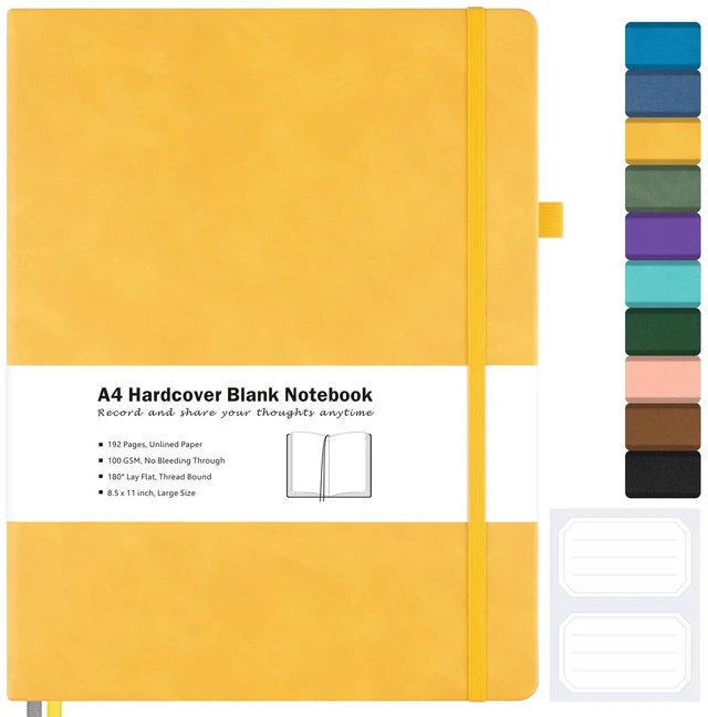Main image of Blank Notebook Hardcover Sketchbook, 8.5" x 11" Blank Journal, Thick Paper Large Thick Paper Sketchbook for Drawing Art, Unlined Notebook Journal for Women Men, A4 Leather Sketchbook, Lay Flat, Yellow