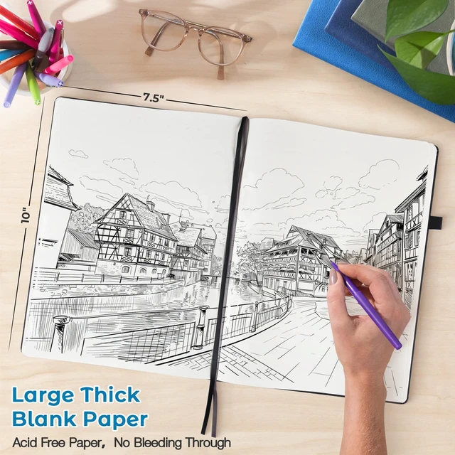 Alt view image 2 of 6 - Blank Notebook Hardcover Sketchbook, 8.5" x 11" Blank Journal, Thick Paper Large Thick Paper Sketchbook for Drawing Art, Unlined Notebook Journal for Women Men, A4 Leather Sketchbook, Lay Flat, Blue