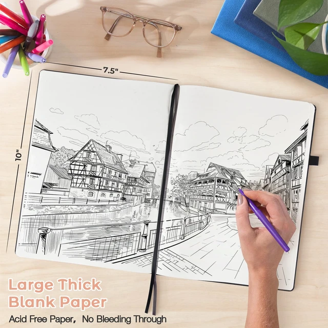Alt view image 2 of 6 - Blank Notebook Hardcover Sketchbook, 8.5" x 11" Blank Journal, Thick Paper Large Thick Paper Sketchbook for Drawing Art, Unlined Notebook Journal for Women Men, A4 Leather Sketchbook, Lay Flat, Pink