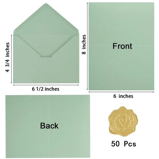 Alt view image 2 of 7 - 50 Pack Sage-Green A6 Envelopes with Cards and Gold Stickers, 4x6 With Thick Folded Cardstock, For Greeting Cards, Wedding, Birthday, Invitations, Baby Showers