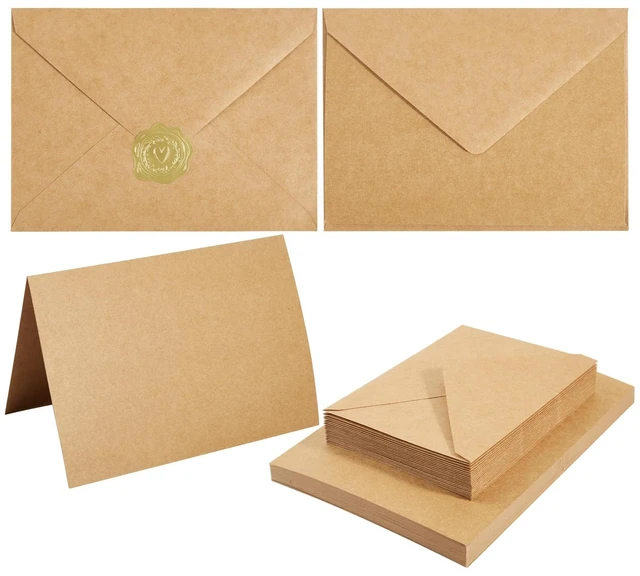 Main image of 50 Pack Kraft Paper A7 Envelopes with Cards and Gold Stickers, 5x7 With Thick Folded Cardstock, For Greeting Cards, Wedding, Birthday, Invitations, Baby Showers