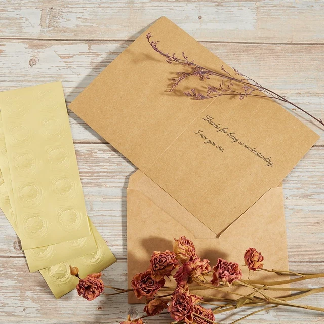 Alt view image 4 of 7 - 50 Pack Kraft Paper A7 Envelopes with Cards and Gold Stickers, 5x7 With Thick Folded Cardstock, For Greeting Cards, Wedding, Birthday, Invitations, Baby Showers