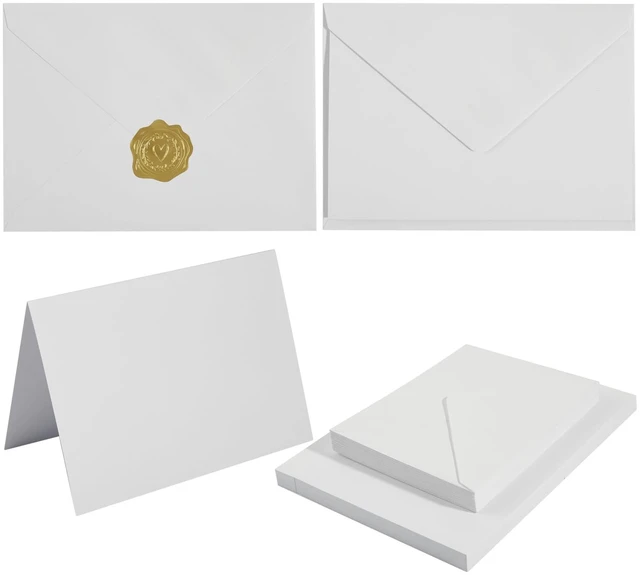 Main image of 50 Pack White A7 Envelopes with Cards and Gold Stickers, 5x7 With Thick Folded Cardstock, For Greeting Cards, Wedding, Birthday, Invitations, Baby Showers