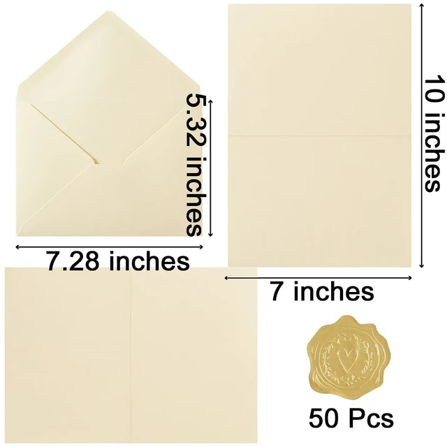 Alt view image 2 of 7 - 50 Pack Cream A7 Envelopes with Cards and Gold Stickers, 5x7 With Thick Folded Cardstock, For Greeting Cards, Wedding, Birthday, Invitations, Baby Showers