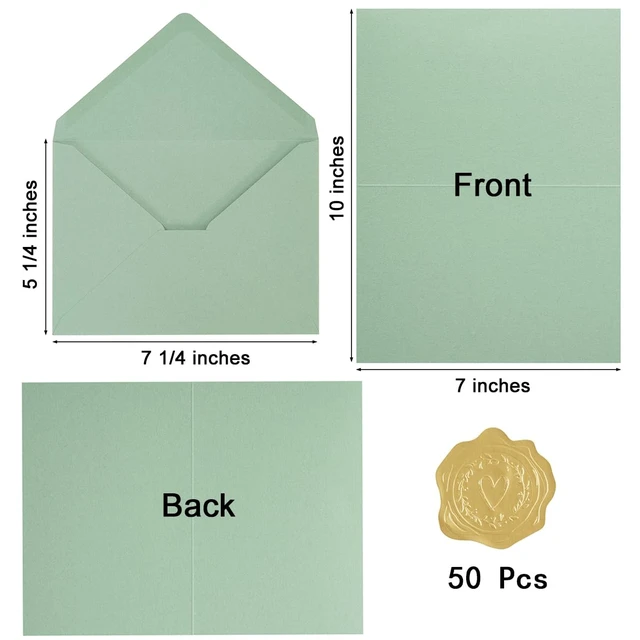 Alt view image 2 of 7 - 50 Pack Sage-Green A7 Envelopes with Cards and Gold Stickers, 5x7 With Thick Folded Cardstock, For Greeting Cards, Wedding, Birthday, Invitations, Baby Showers