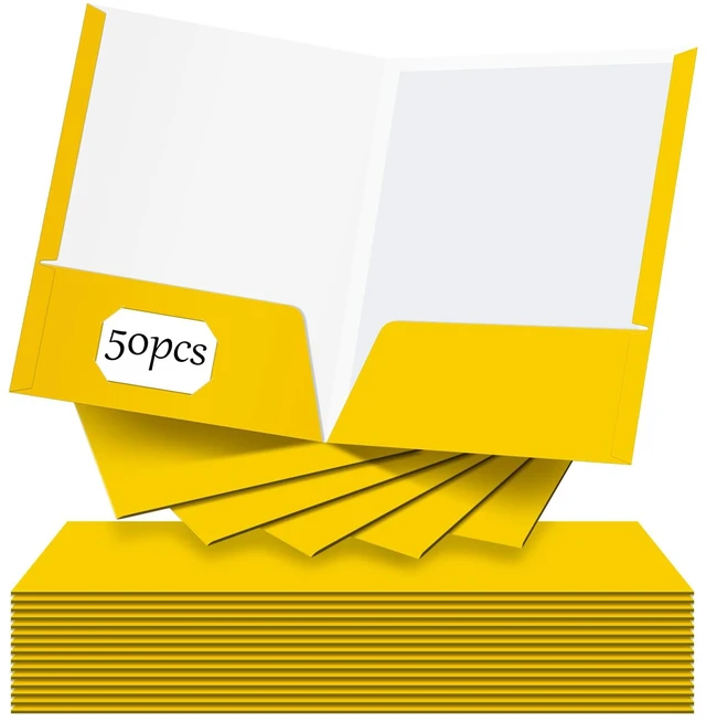 Main image of 50 Pcs 2 Pocket Glossy Paper Folders Glossy Paper Laminated Portfolios, Letter Size, Presentation Folders with Pockets for Office Teacher Worker Supplies(Yellow Color)