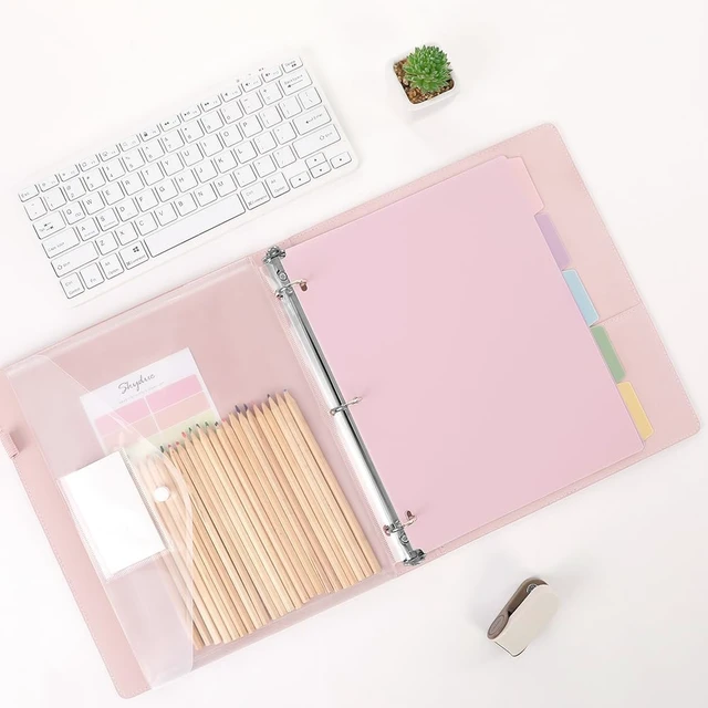 Alt view image 2 of 7 - Pink 3 Ring Binder with Clipboard,1 Inch Linen Binder for 3 Hole Punch Letter Size Loose Leaf Paper with 5 Dividers, Pocket and Labels School and Office Supplies