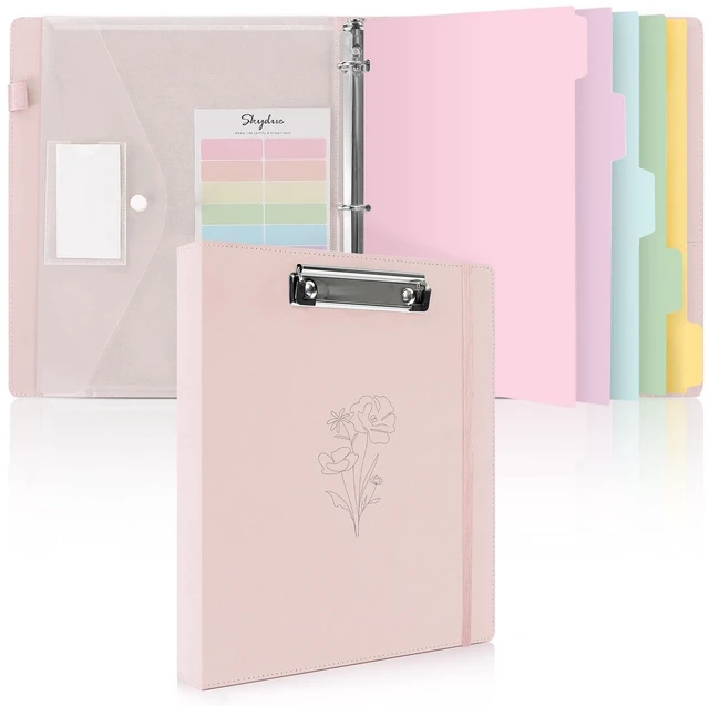 Main image of Pink 3 Ring Binder with Clipboard,1 Inch Linen Binder for 3 Hole Punch Letter Size Loose Leaf Paper with 5 Dividers, Pocket and Labels School and Office Supplies