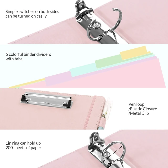 Alt view image 5 of 7 - Pink 3 Ring Binder with Clipboard,1 Inch Linen Binder for 3 Hole Punch Letter Size Loose Leaf Paper with 5 Dividers, Pocket and Labels School and Office Supplies