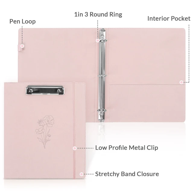 Alt view image 4 of 7 - Pink 3 Ring Binder with Clipboard,1 Inch Linen Binder for 3 Hole Punch Letter Size Loose Leaf Paper with 5 Dividers, Pocket and Labels School and Office Supplies