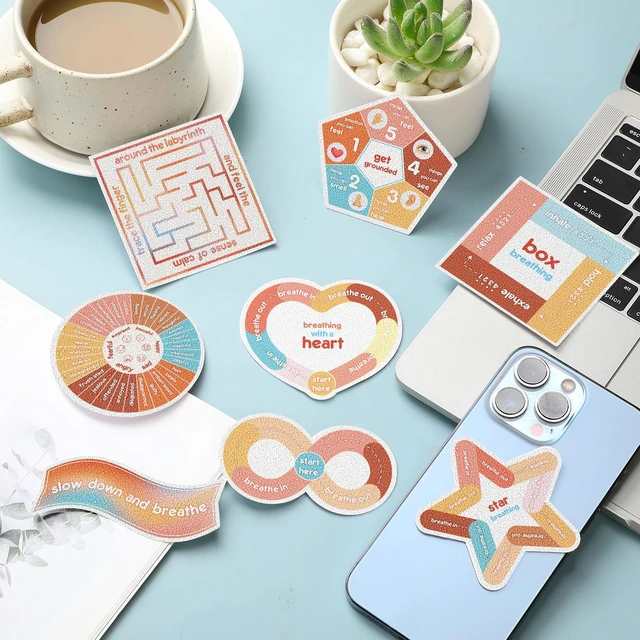 Alt view image 5 of 6 - 72 Pcs Anxiety Sensory Breathing Stickers,Groovy Color Adults Fidget Mindfulness 9 Styles Calm down Items mental health stickers Anxiety Relief Breathing Exercises