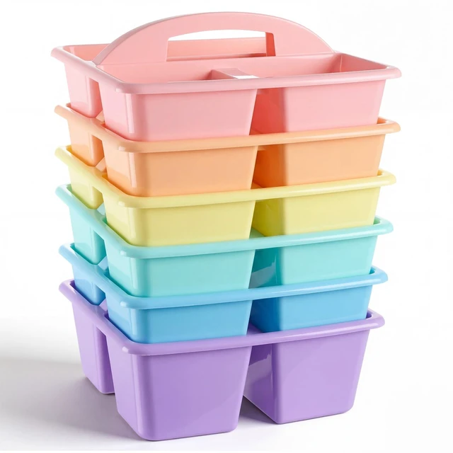 Main image of 6 Pack Classroom Caddy Organizer with Handle Bulk, Macaron Color Plastic Art Craft Cleaning Caddy, Small Multipurpose Supply Organization Storage, Basket for Table Desk Office Pencil Teacher