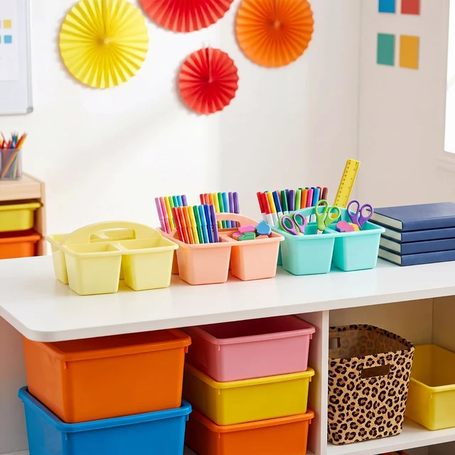 Alt view image 4 of 7 - 6 Pack Classroom Caddy Organizer with Handle Bulk, Macaron Color Plastic Art Craft Cleaning Caddy, Small Multipurpose Supply Organization Storage, Basket for Table Desk Office Pencil Teacher