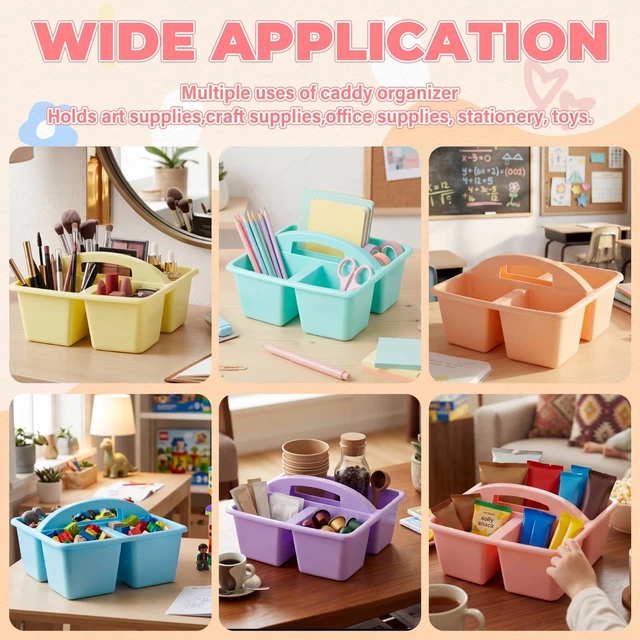 Alt view image 5 of 7 - 6 Pack Classroom Caddy Organizer with Handle Bulk, Macaron Color Plastic Art Craft Cleaning Caddy, Small Multipurpose Supply Organization Storage, Basket for Table Desk Office Pencil Teacher