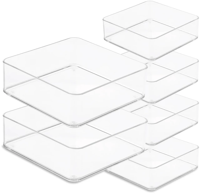 Main image of Plastic Clear Drawer Organizers. Bathroom, Kitchen, Bedroom, Makeup, Office Organizer Bins, Storage Trays. Heavy Duty, Stackable. 6" x 6" x 2" Set of 6