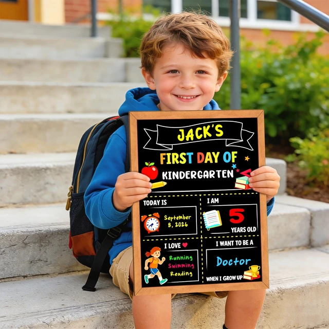 Alt view image 2 of 7 - First Day of School Sign Board, 14 x 10.4 Inch, with 6 Liquid Chalk Markers Reusable Double-Sided First and Last Day Board for Preschool, Kindergarten, Wooden Frame Back to School Supplies for Kids