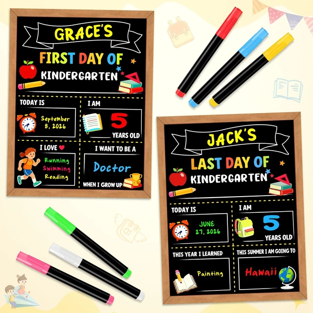 Alt view image 5 of 7 - First Day of School Sign Board, 14 x 10.4 Inch, with 6 Liquid Chalk Markers Reusable Double-Sided First and Last Day Board for Preschool, Kindergarten, Wooden Frame Back to School Supplies for Kids