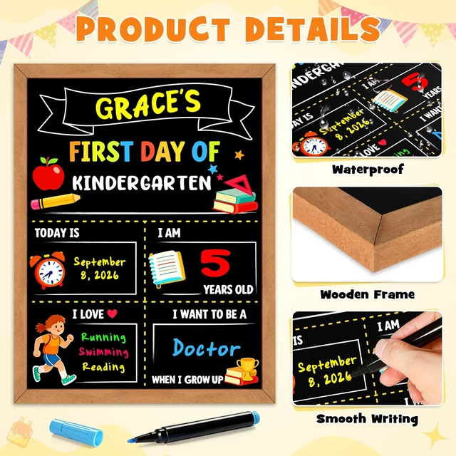 Alt view image 4 of 7 - First Day of School Sign Board, 14 x 10.4 Inch, with 6 Liquid Chalk Markers Reusable Double-Sided First and Last Day Board for Preschool, Kindergarten, Wooden Frame Back to School Supplies for Kids