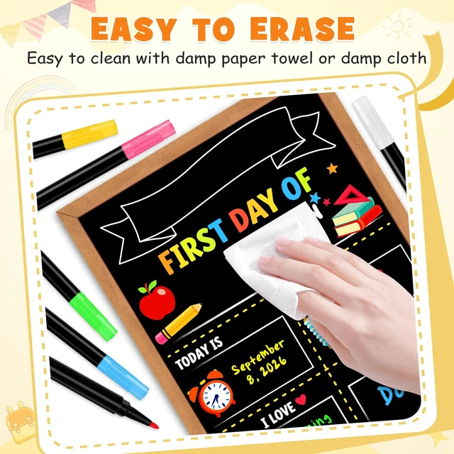 Alt view image 6 of 7 - First Day of School Sign Board, 14 x 10.4 Inch, with 6 Liquid Chalk Markers Reusable Double-Sided First and Last Day Board for Preschool, Kindergarten, Wooden Frame Back to School Supplies for Kids