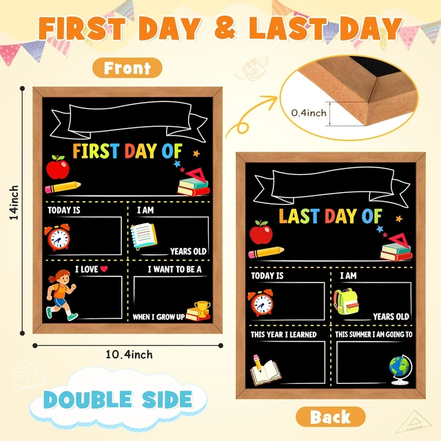 Alt view image 3 of 7 - First Day of School Sign Board, 14 x 10.4 Inch, with 6 Liquid Chalk Markers Reusable Double-Sided First and Last Day Board for Preschool, Kindergarten, Wooden Frame Back to School Supplies for Kids