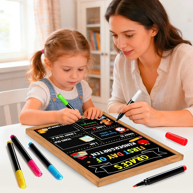 Alt view image 7 of 7 - First Day of School Sign Board, 14 x 10.4 Inch, with 6 Liquid Chalk Markers Reusable Double-Sided First and Last Day Board for Preschool, Kindergarten, Wooden Frame Back to School Supplies for Kids