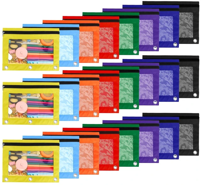 Main image of Pencil Pouch for 3 Ring Binder, 24 Pack Pencil Bags with Zipper, Large Capacity Pencil Case for Binder Assorted Color Pencil Case Pouch with Clear Window and Grommets Pencil Pocket for Office Supplies