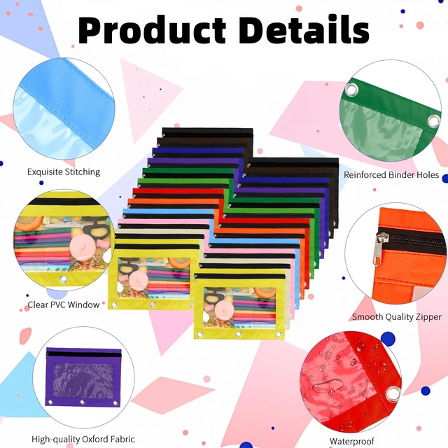 Alt view image 4 of 7 - Pencil Pouch for 3 Ring Binder, 24 Pack Pencil Bags with Zipper, Large Capacity Pencil Case for Binder Assorted Color Pencil Case Pouch with Clear Window and Grommets Pencil Pocket for Office Supplies