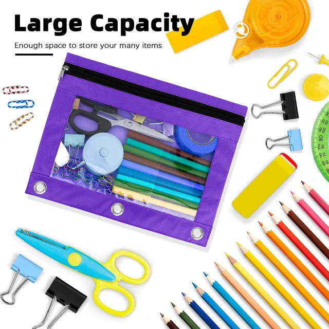 Alt view image 5 of 7 - Pencil Pouch for 3 Ring Binder, 24 Pack Pencil Bags with Zipper, Large Capacity Pencil Case for Binder Assorted Color Pencil Case Pouch with Clear Window and Grommets Pencil Pocket for Office Supplies