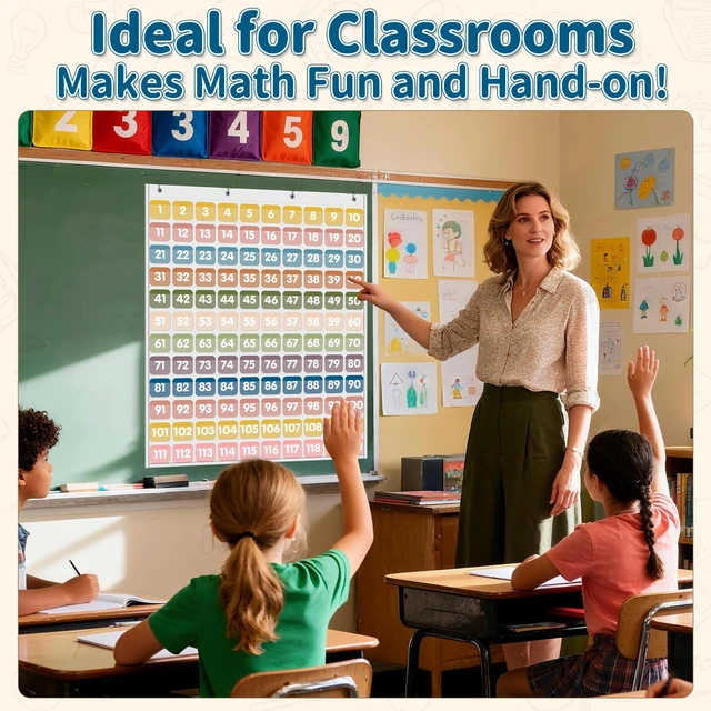 Alt view image 5 of 7 - Hundred Pocket Chart with 120 Pockets and 135 Double-Sided Number Cards, Boho Number Pocket Chart for Classroom Home Kindergarten, White
