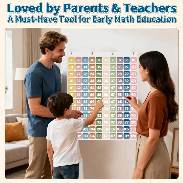 Alt view image 6 of 7 - Hundred Pocket Chart with 120 Pockets and 135 Double-Sided Number Cards, Boho Number Pocket Chart for Classroom Home Kindergarten, White