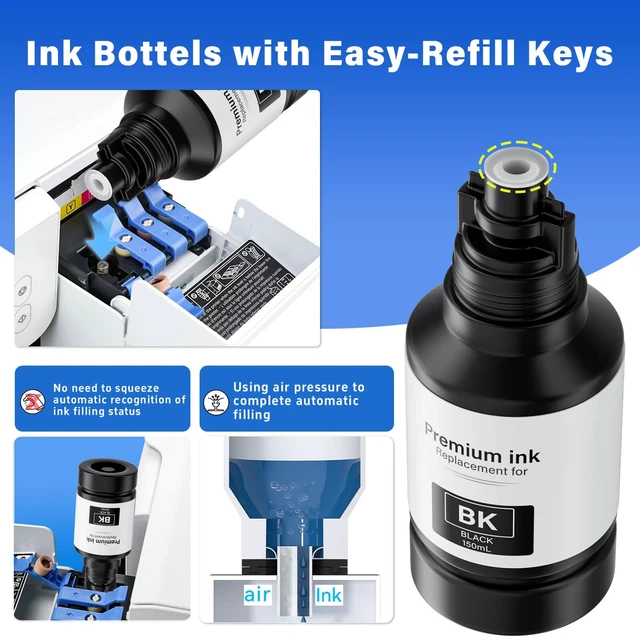 Alt view image 5 of 6 - Compatible for T502 Ink Refill Bottles for Eco Tank ET-4850 ET-2850 ET-3850 ET-3760 ET-2760 ET-4760 ET-15000 ET-3950 ET-3830 ET-2980 ET-2988 4750 ET-4950 ET4850 ET2850 Printer, T502 2 Black CMY