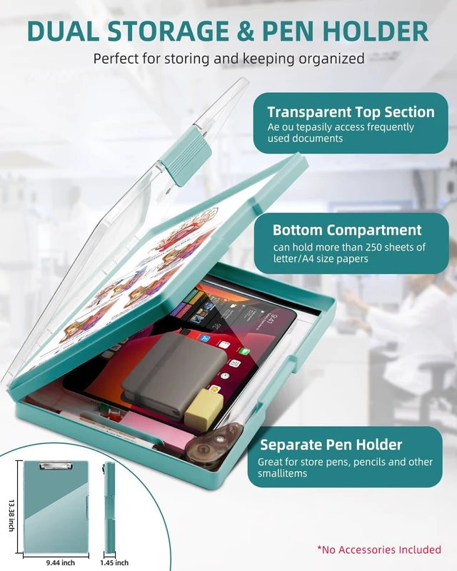 Alt view image 4 of 7 - Clipboard with Storage, Nurse Dry Erase Clip Board, 8.5x11, Turquoise Dual Compartments, Clearview Dry Erase Panel, High Capacity Storage, Heavy Duty, Pen Holder, Side Opening, School/Office Use