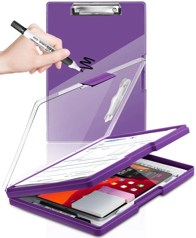 Main image of Clipboard with Storage, Nurse Dry Erase Clip Board, 8.5x11, Dark Purple Dual Compartments, Clearview Dry Erase Panel, High Capacity Storage, Heavy Duty, Pen Holder, Side Opening, School/Office Use
