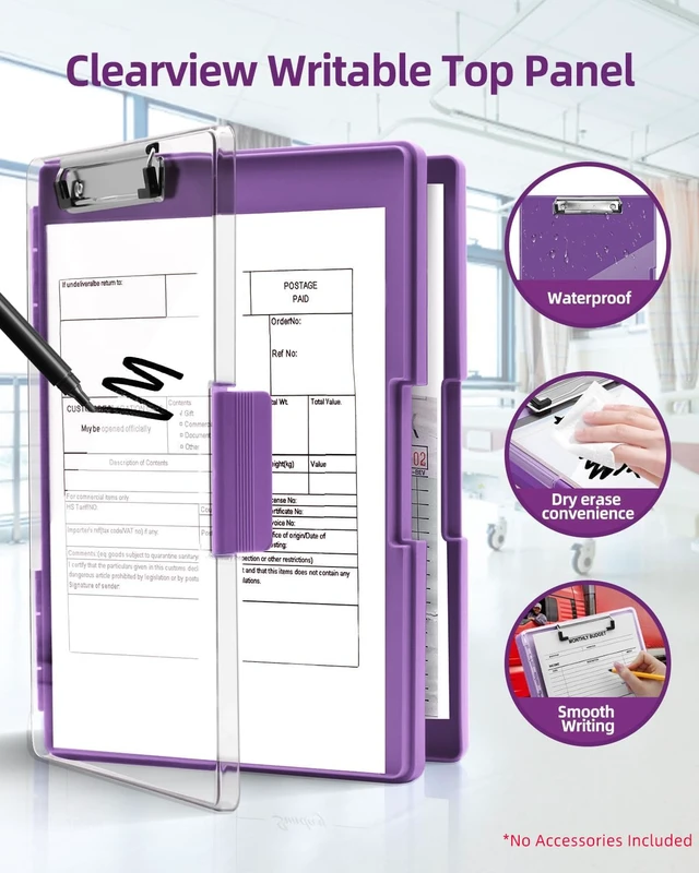 Alt view image 2 of 7 - Clipboard with Storage, Nurse Dry Erase Clip Board, 8.5x11, Dark Purple Dual Compartments, Clearview Dry Erase Panel, High Capacity Storage, Heavy Duty, Pen Holder, Side Opening, School/Office Use