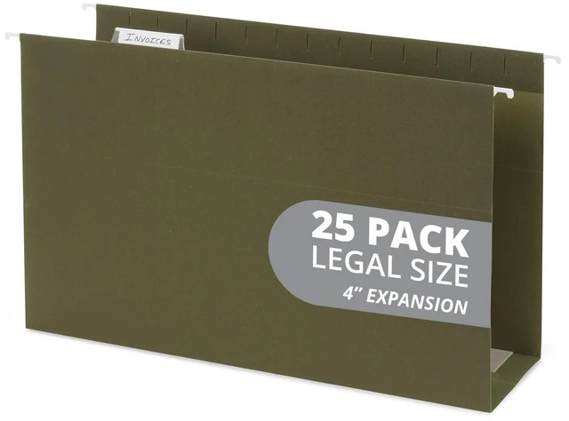 Main image of 25 Legal Size Expandable Hanging File Folders, 4" Standard Green, 12.5pt, 4 in Expansion, Reinforced, Tabs Included, for Legal Charts, Files, and Manuals