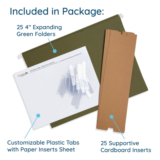 Alt view image 3 of 6 - 25 Legal Size Expandable Hanging File Folders, 4" Standard Green, 12.5pt, 4 in Expansion, Reinforced, Tabs Included, for Legal Charts, Files, and Manuals