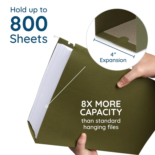 Alt view image 4 of 6 - 25 Legal Size Expandable Hanging File Folders, 4" Standard Green, 12.5pt, 4 in Expansion, Reinforced, Tabs Included, for Legal Charts, Files, and Manuals