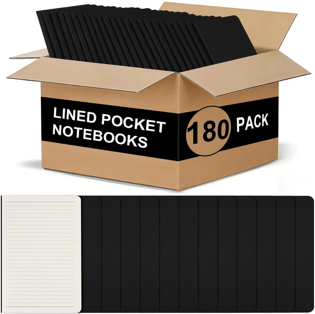 Main image of 180 Pack Kraft Pocket Notebooks Bulk, 3.5 X 5.5 Inches Lined Paper Journaling Notebooks, 30 Sheets/60 Pages, Mini Journal Notebooks for Work, Writing, Traveler Memo Notepad(Black Cover)