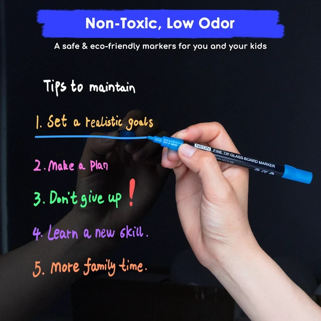 Alt view image 5 of 7 - Neon Dry Erase Markers Fine Tip,Liquid Chalk Markers for Chalkboard,LED Note Board,Acrylic,First Day of School Board,Glass,Windows,1mm Fine Point,Assorted Colors,9 Count