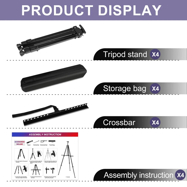 Alt view image 2 of 7 - 4 Pack Painting Display Easel Stand Portable Adjustable Metal Tripod Artist Canvases Height from 20 to 66 In Extra for Table-Top/Floor, Draw and Display, Black with 4 Storage Bag