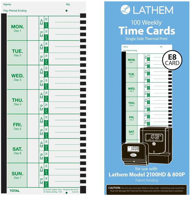 Main image of Weekly Employee Time Card Pack, 100 Count (E8-100) Thermal Print Timesheets, Single Sided with Named Days for 2100HD, 800P Clocks