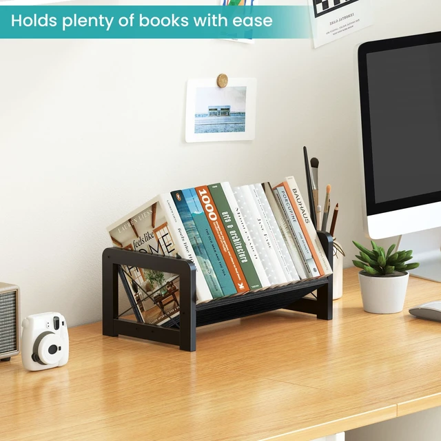 Alt view image 4 of 7 - Desk Bookshelf, Small Book Shelf, Wooden Desktop Bookcase, Tilting Table Top Bookshelf for Home Office, for Book Display, Cookbook Storage, Kids Reading, Black