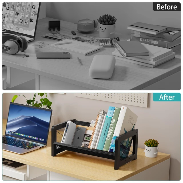 Alt view image 5 of 7 - Desk Bookshelf, Small Book Shelf, Wooden Desktop Bookcase, Tilting Table Top Bookshelf for Home Office, for Book Display, Cookbook Storage, Kids Reading, Black