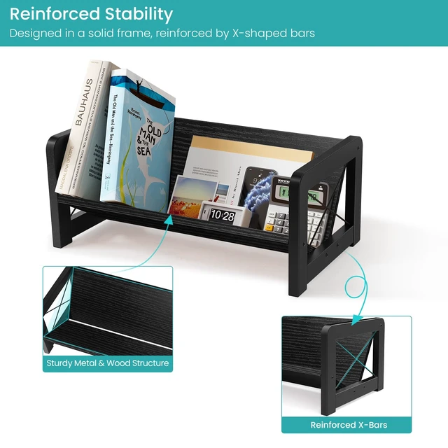 Alt view image 7 of 7 - Desk Bookshelf, Small Book Shelf, Wooden Desktop Bookcase, Tilting Table Top Bookshelf for Home Office, for Book Display, Cookbook Storage, Kids Reading, Black