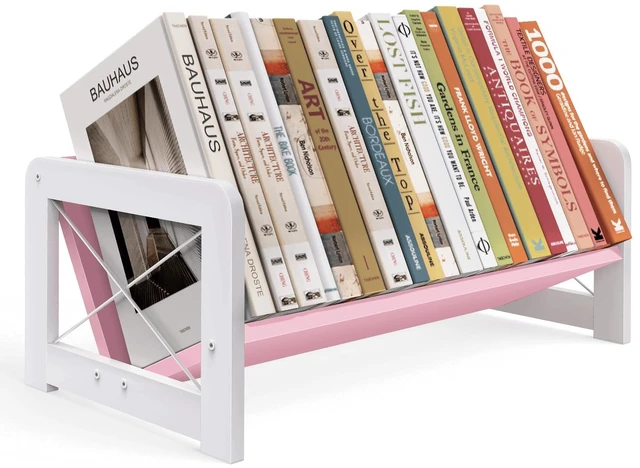 Main image of Tabletop Bookshelf, Simple Wood Book Organizer for Desk, Tilted Table Bookcase, Small Desktop Book Rack for Cookbook Display, Kids Reading, Office Storage, Pink