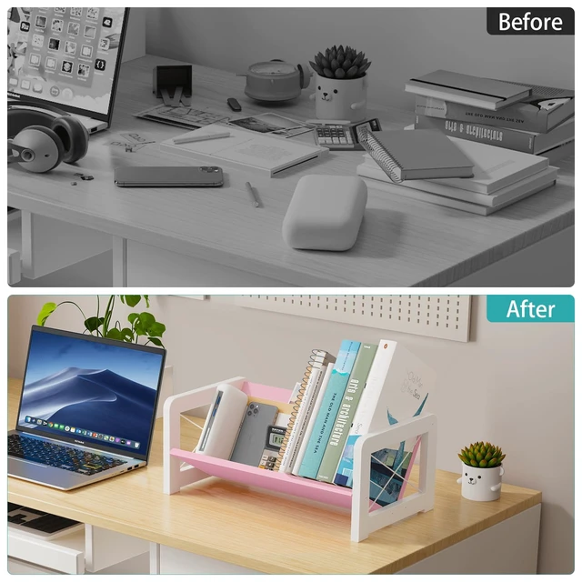 Alt view image 6 of 7 - Tabletop Bookshelf, Simple Wood Book Organizer for Desk, Tilted Table Bookcase, Small Desktop Book Rack for Cookbook Display, Kids Reading, Office Storage, Pink