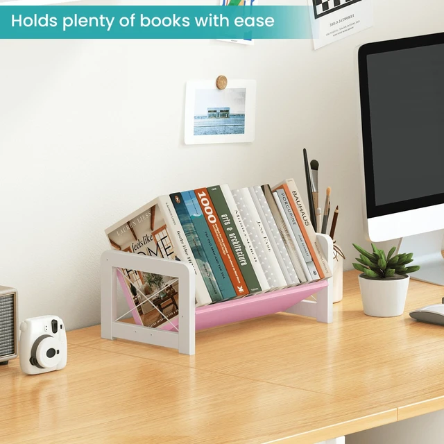 Alt view image 7 of 7 - Tabletop Bookshelf, Simple Wood Book Organizer for Desk, Tilted Table Bookcase, Small Desktop Book Rack for Cookbook Display, Kids Reading, Office Storage, Pink
