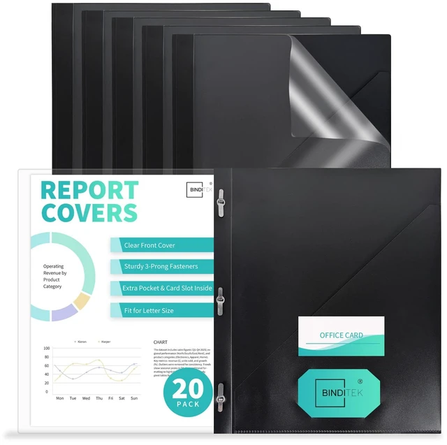 Main image of Heavy-Duty Report Covers with 3 Prongs, 100-Sheet Capacity, Black, 20 Pack Plastic Report Folders with Back Covers, Card Slot, 3-Prong Metal Fasteners, for Letter Size, for Professional Presentations